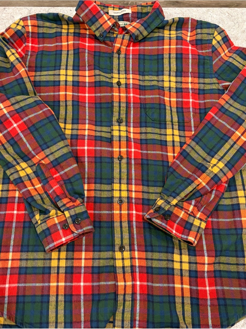 L.L. Bean Red, Green, Yellow & Blue Plaid Flannel Button-Down Shirt-XL Regular